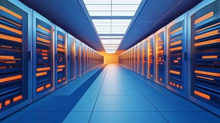 A long corridor lined with rows of server racks in a data center. The lights illuminate the room, casting a blue and orange glow.