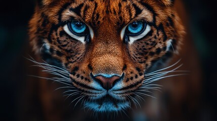 Fototapeta premium A close-up of a tiger's face, showcasing its striking blue eyes and detailed fur patterns.