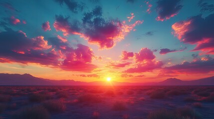 A dramatic shot of a desert sunset with scattered clouds reflecting the warm colors of the sky, creating a vibrant and colorful scene.