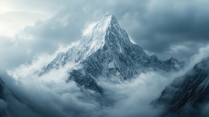 A dramatic shot of a mountain peak shrouded in clouds, offering a powerful landscape image with room for text.