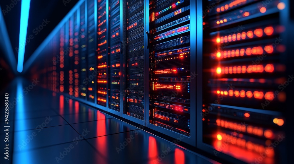 Poster a server room with rows of flashing lights and a reflective floor. the room is lit by a blue light, 