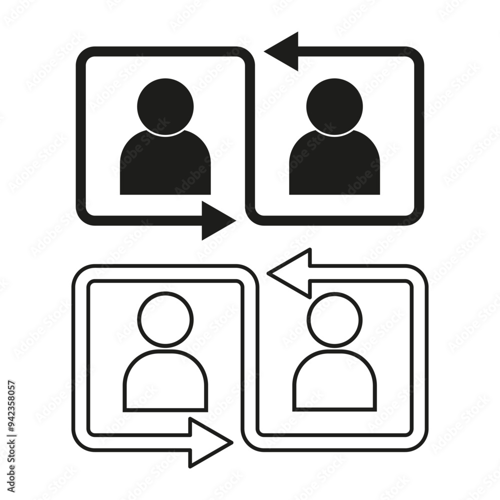 Poster user icons with arrows. exchange or transfer concept. simple outline figures. vector graphic.