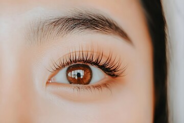 Obraz premium Woman's eyes after classic 2d volume eyelash extensions and eyebrow correction. Natural beauty. Cosmetology and skin care, makeup and cosmetic concept. Closeup. Background for banner or poster