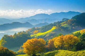 Green hills in Japan, morning, featuring a mountain landscape with trees in autumn colors green yellow orange under a clear blue sky, epitomizing serene natural beauty. SHOTLISTtravel , ai