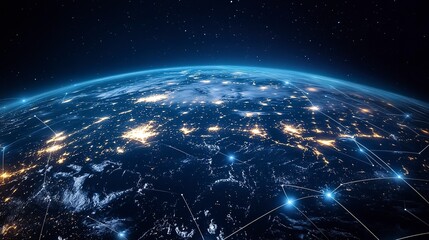 Illuminated Earth with network arcs, showcasing global connectivity at night.