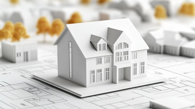 A white model house sits on blueprint paper, representing architecture, construction, and homeownership.