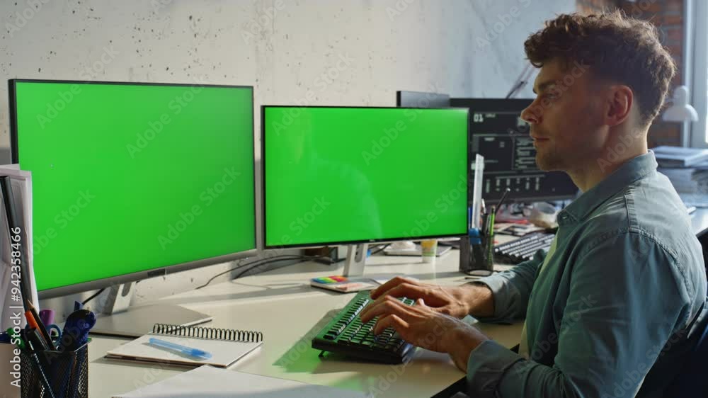 Poster designer working chromakey monitors typing computer keyboard at office closeup