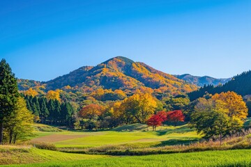 Fototapeta premium Green hills in Japan, morning, featuring a mountain landscape with trees in autumn colors green yellow orange under a clear blue sky, epitomizing serene natural beauty. SHOTLISTtravel , ai