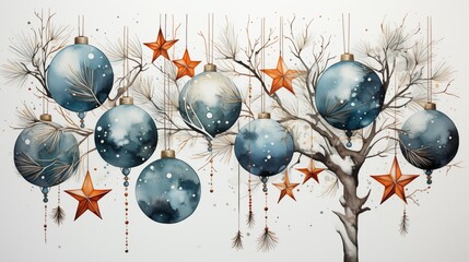 Watercolor christmas tree branches decorated with baubles and stars on white background