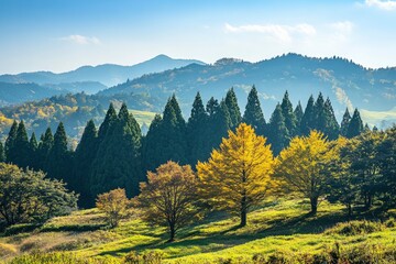 Green hills in Japan, morning, featuring a mountain landscape with trees in autumn colors green yellow orange under a clear blue sky, epitomizing serene natural beauty. SHOTLISTtravel , ai