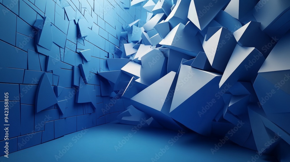 Poster abstract blue geometric shapes explode from a blue wall, creating a dynamic and chaotic composition.
