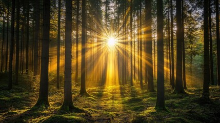 Golden hour sunlight streaming through forest