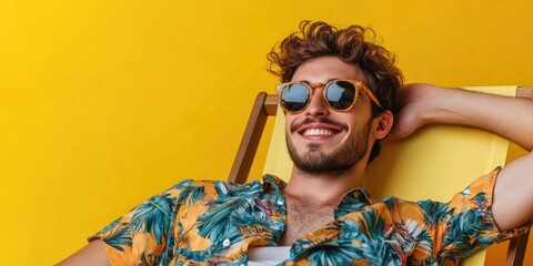 Chill Vibes: A Man in a Hawaiian Shirt and Flip Flops, Relaxing on a Lawn Chair with a Yellow Background