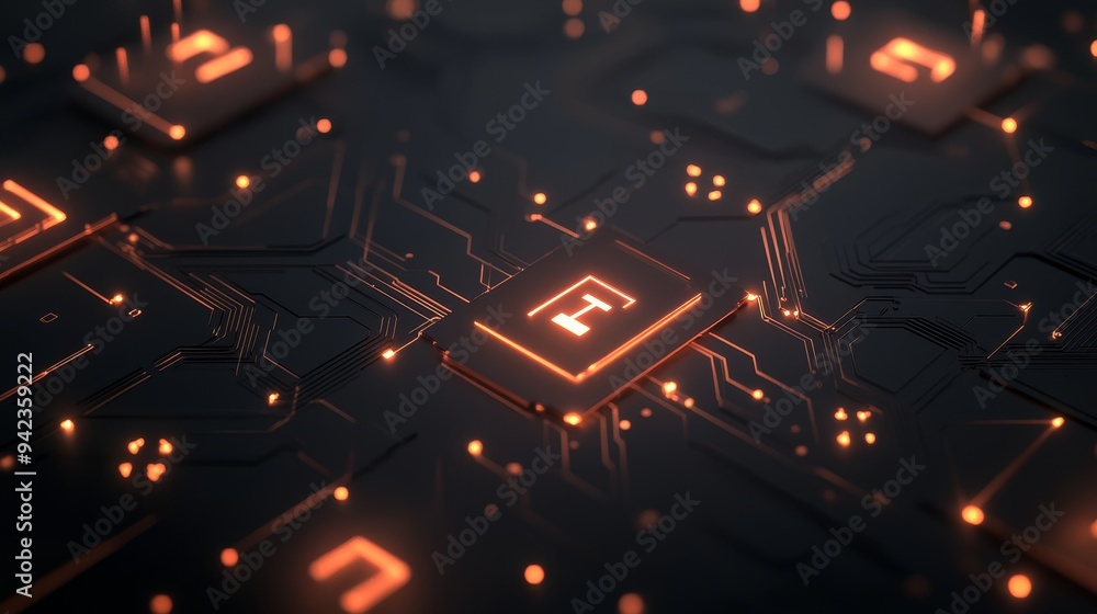 Poster abstract digital circuit board with glowing lines and integrated circuits.