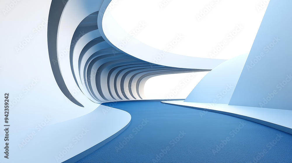 Poster abstract futuristic architecture with a curved path leading to a bright light. minimalist design wit
