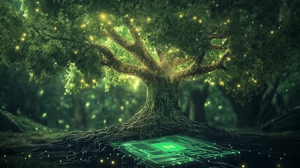 A glowing futuristic tree seamlessly merging nature and technology, with circuit-like roots and a vibrant digital aesthetic in a forest.