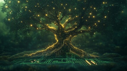 A glowing futuristic tree seamlessly merging nature and technology, with circuit-like roots and a vibrant digital aesthetic in a forest.