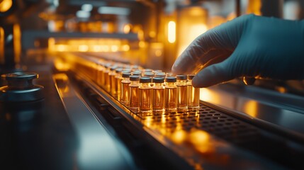 Image of a gloved hand handling vials on a pharmaceutical production line, illuminated with warm industrial lighting.