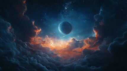 Fototapeta premium A mysterious planet emerges from a dramatic, colorful cloudscape in space, set against a starry backdrop..