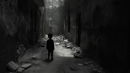 A child silhouette walks through a narrow alley of crumbling war-torn ruins.