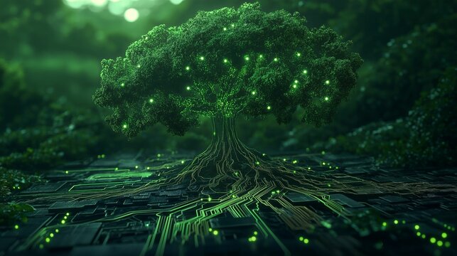 A glowing futuristic tree seamlessly merging nature and technology, with circuit-like roots and a vibrant digital aesthetic in a forest.