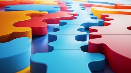 Fototapeta premium Abstract image of colorful puzzle pieces interlocking, symbolizing teamwork, collaboration, and connection.