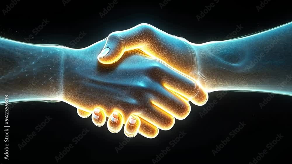 Poster two hands meet in a digital handshake, representing the fusion of technology and human interaction i