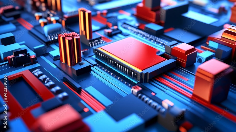 Poster close-up of a vibrant red circuit board with intricate wiring and electronic components.