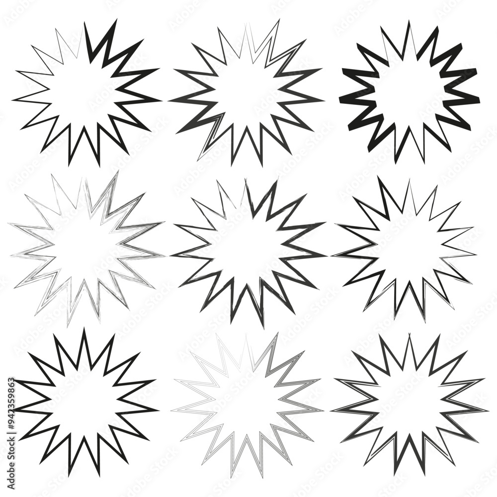 Poster starburst shape icon. spiked vector star. bold abstract element. black and white pattern.