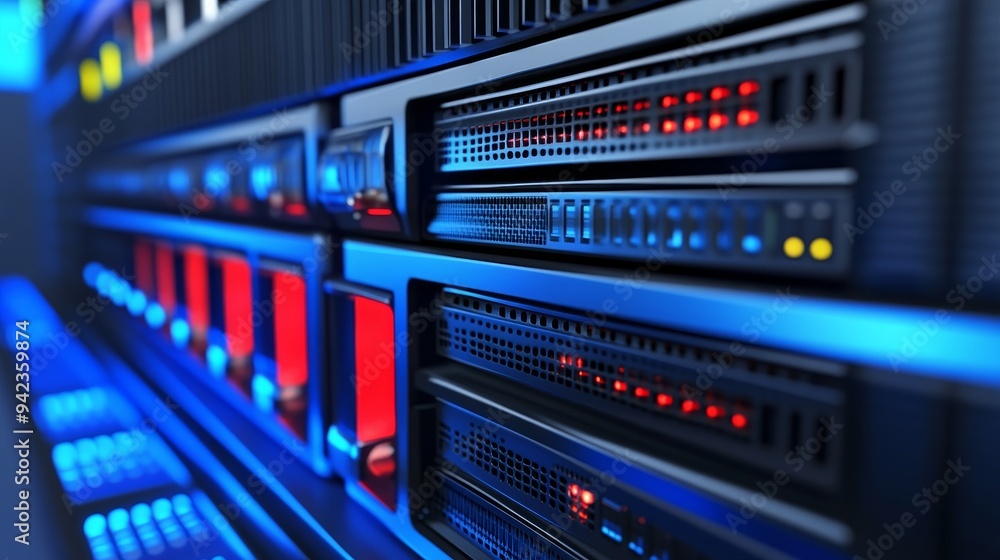 Poster close-up of server rack with blinking lights and hard drive bays. data center technology concept.