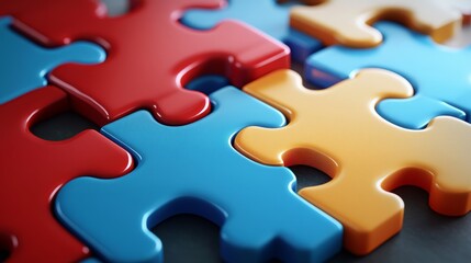 Obraz premium Close-up of colorful puzzle pieces interlocked, symbolizing teamwork, connection, and problem-solving.