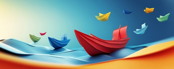 Obraz premium Colorful paper boats floating on water with a blue sky background.