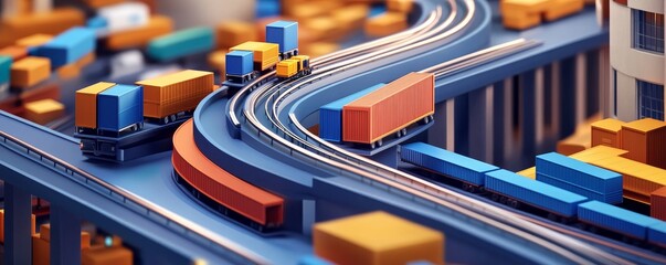 Colorful toy train tracks with cargo containers.