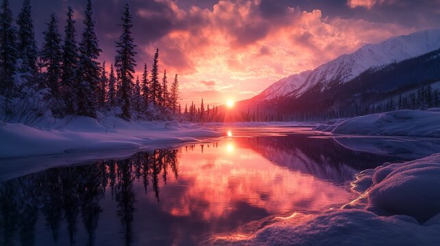 "Experience the breathtaking beauty of a stunning sunset with this captivating scene. While the northern lights may have eluded us, the mesmerizing hues and natural wonder of the sunset never fail 