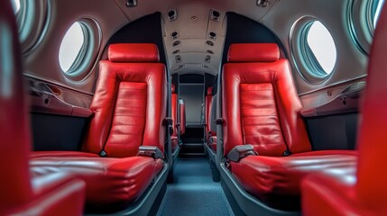 Luxury interior of a private aircraft with red leather seats