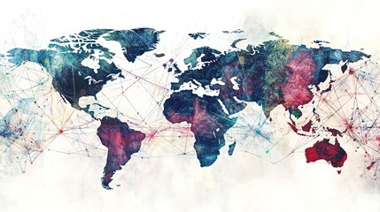 A world map overlaid with interconnected lines symbolizing globalization and interconnected economies. Model aged 25-40, male, representing global business perspective.