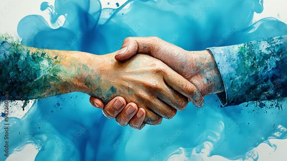 Poster two hands are shaking firmly in front of a swirling blue backdrop, representing partnership and unit