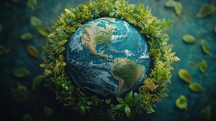 A blue and green globe encircled by plants marks Earth Day, emphasizing ecological conservation.
