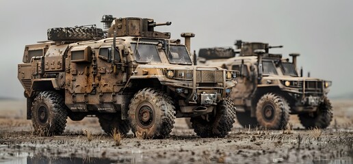 Obraz premium A highly detailed photo of an armored vehicle, with two other vehicles in the background, symbolizing strength and protection. 