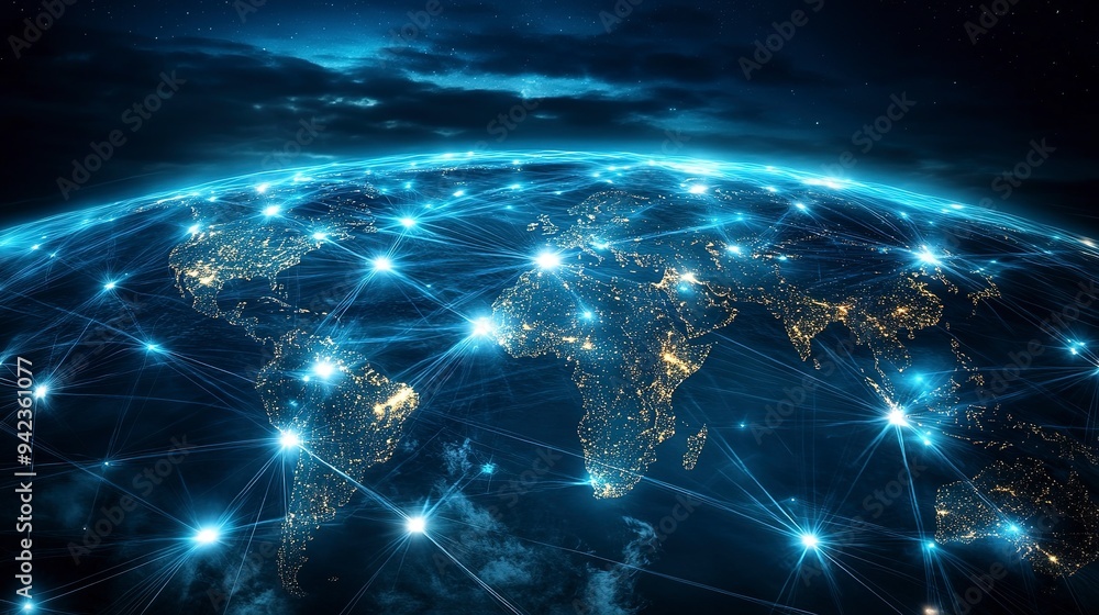 Poster stunning, photo-realistic image of the world connected by a network of bright, glowing lines, repres