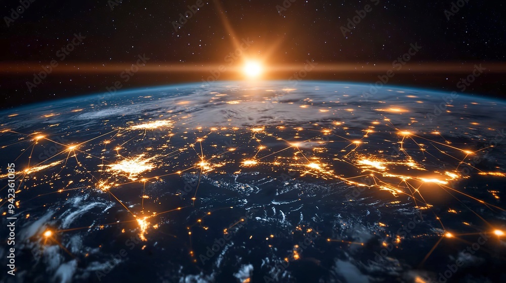 Poster stunning, photo-realistic image of the world connected by a network of bright, glowing lines, repres