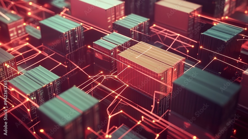 Poster abstract concept of global trade and logistics with shipping containers and connecting lines.