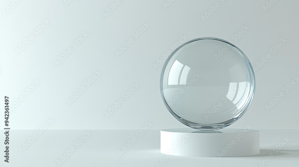 Poster 3d illustration of a transparent sphere on a circular base, floating in a clean white space with amp