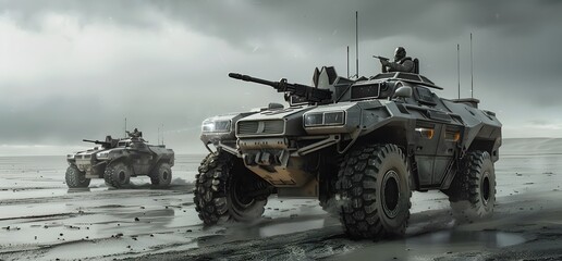 A highly detailed photo of an armored vehicle, with two other vehicles in the background, symbolizing strength and protection. 