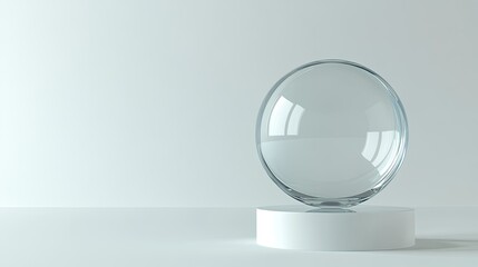 3D illustration of a transparent sphere on a circular base, floating in a clean white space with ample room for copy.