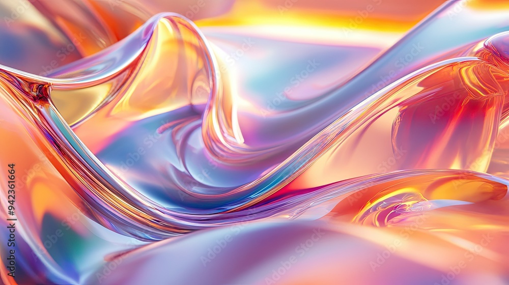 Poster 3d render of bright glass waves with a colorful gradient and fluid texture, creating an abstract and