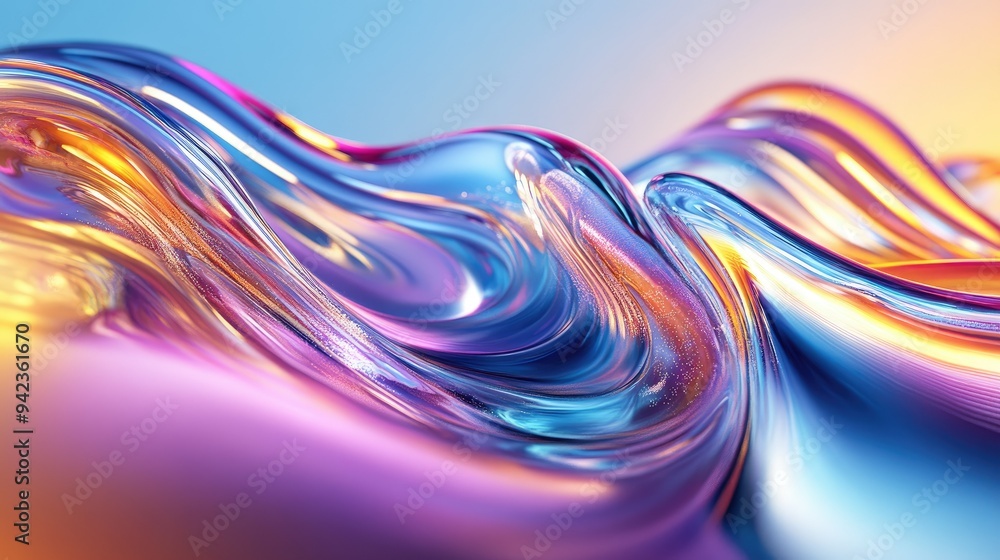 Poster 3d render of bright glass waves with a colorful gradient and fluid texture, creating an abstract and
