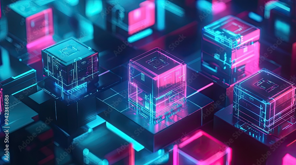 Fototapete 3d rendering of isometric cubes in a futuristic business technology background, emphasizing innovati
