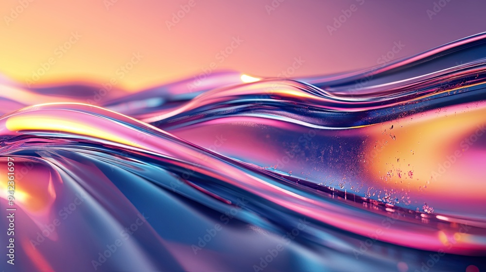 Poster 3d render of bright glass waves with a colorful gradient and fluid texture, creating an abstract and