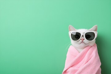 Fototapeta premium Cute kitten wrapping pink bath towel and wearing sunglasses relaxing at spa salon. Travel and summer vacation. Spa, beauty procedure, body care concept